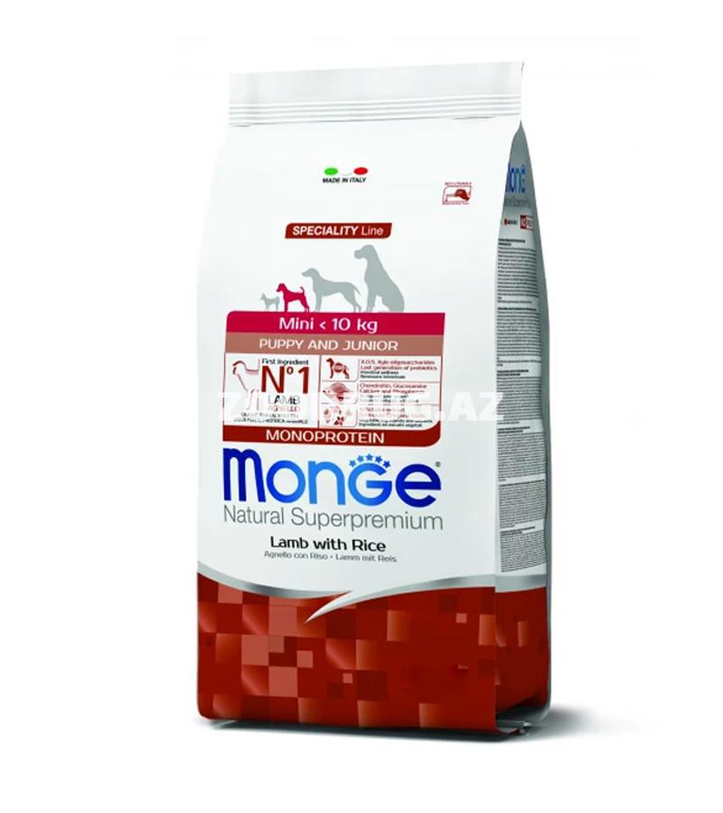 Quru yem Monge Dog Mini Puppy & Junior - quzu əti və düyü ilə balalar üçün kiçik cins (10 kq-dan az) üçün Monge tərəfindən hazırlanmışdır.