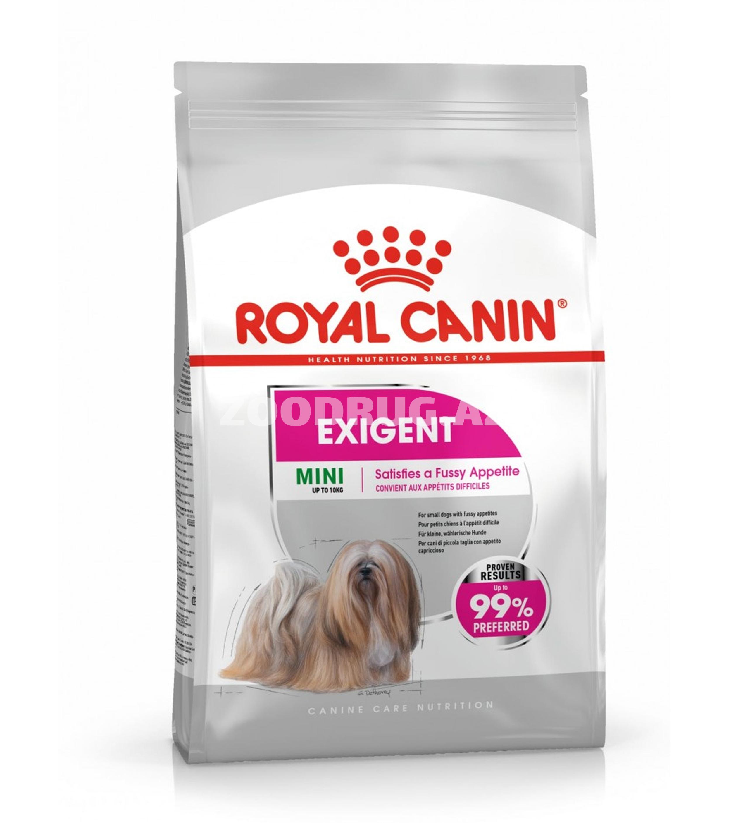 Royal Canin Mini Exigent, 10 ay və daha yuxarı yaşda olan, seçici yem yeyən kiçik ölçülü (1-10 kq) böyüklər üçün qurudulmuş yem 1 kq
