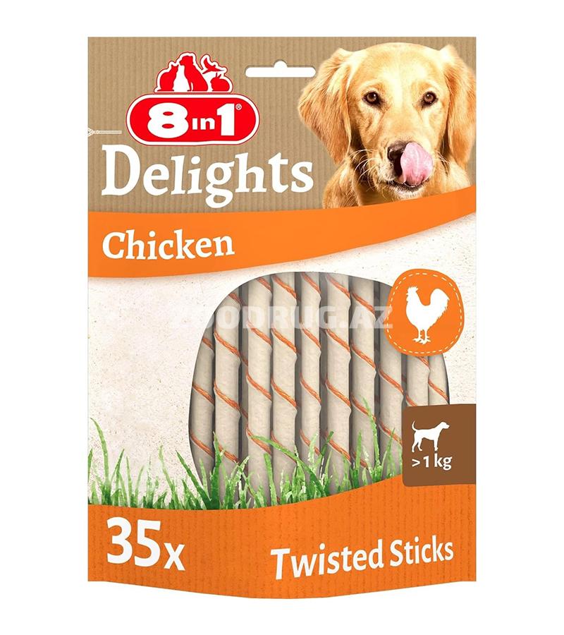 8in1 Delights Chicken Twisted Sticks ləzzəti — ətirli toyuq əti ilə bükülmüş incə çeynəmə çubuqlarının dəstidir.