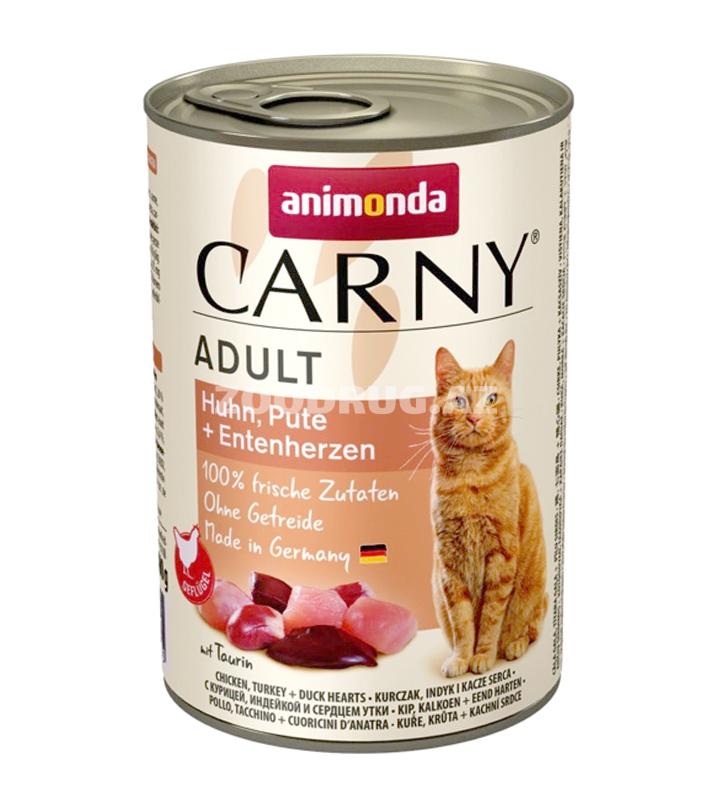 Yaş yem ANIMONDA CARNY ADULT HUHN, PUTE + ENTENHERZEN - toyuq əti, hinduşka əti və ördək ürəkləri ilə böyüklər üçün pişiklər üçün 400 q