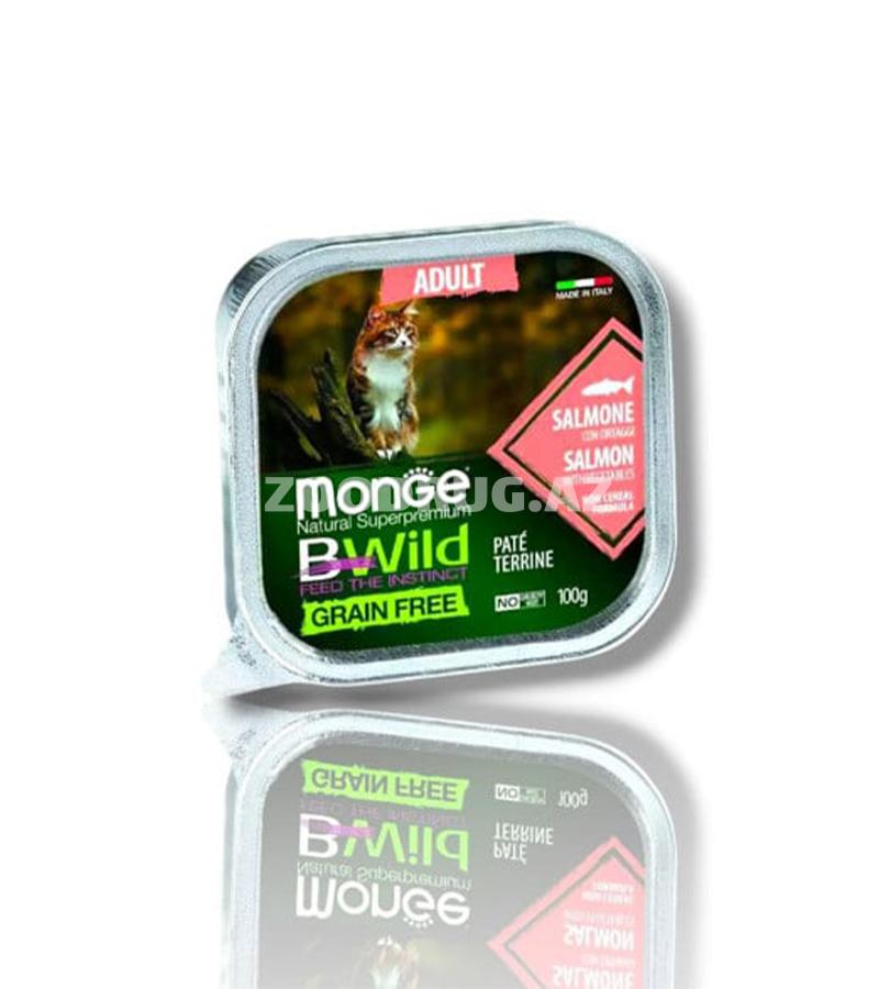 Monge BWild Paté Terrine Salmon with Vegetables — böyüklər üçün nəzərdə tutulmuş, losos və tərəvəzlərlə hazırlanmış super premium sinif dənəsiz paştetdir