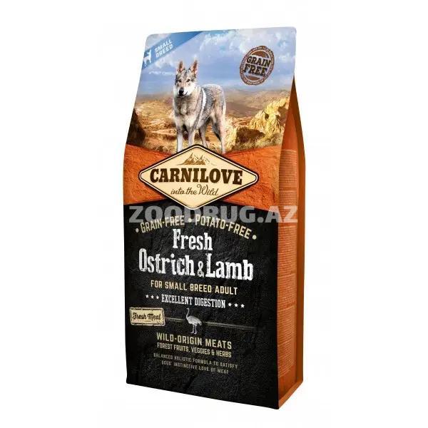 Carnilove Dog Fresh Adult Small Breed Ostrich & Lamb – kiçik cinslərdən olan böyüklər üçün dəvəquşu və quzu ətindən hazırlanmış tam rasionlu, taxılsız quru yem
