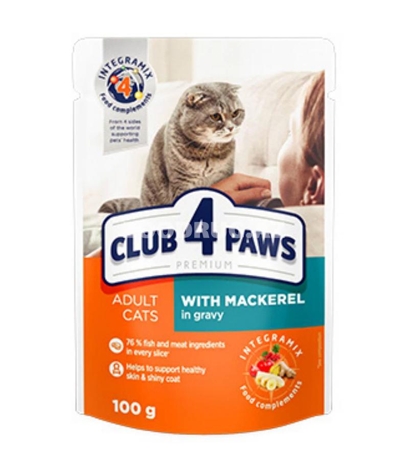 Club 4 Paws Premium — böyük pişiklər üçün skumbriyalı sousda yaş yem, 100 q