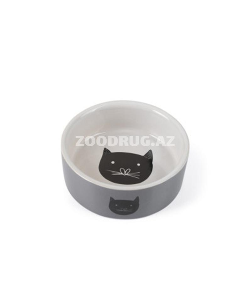 Trixie Keramik Napf pişik qabı.Rəng:Boz-ağ,pişik təsvirli.Həcm:250ml #651115