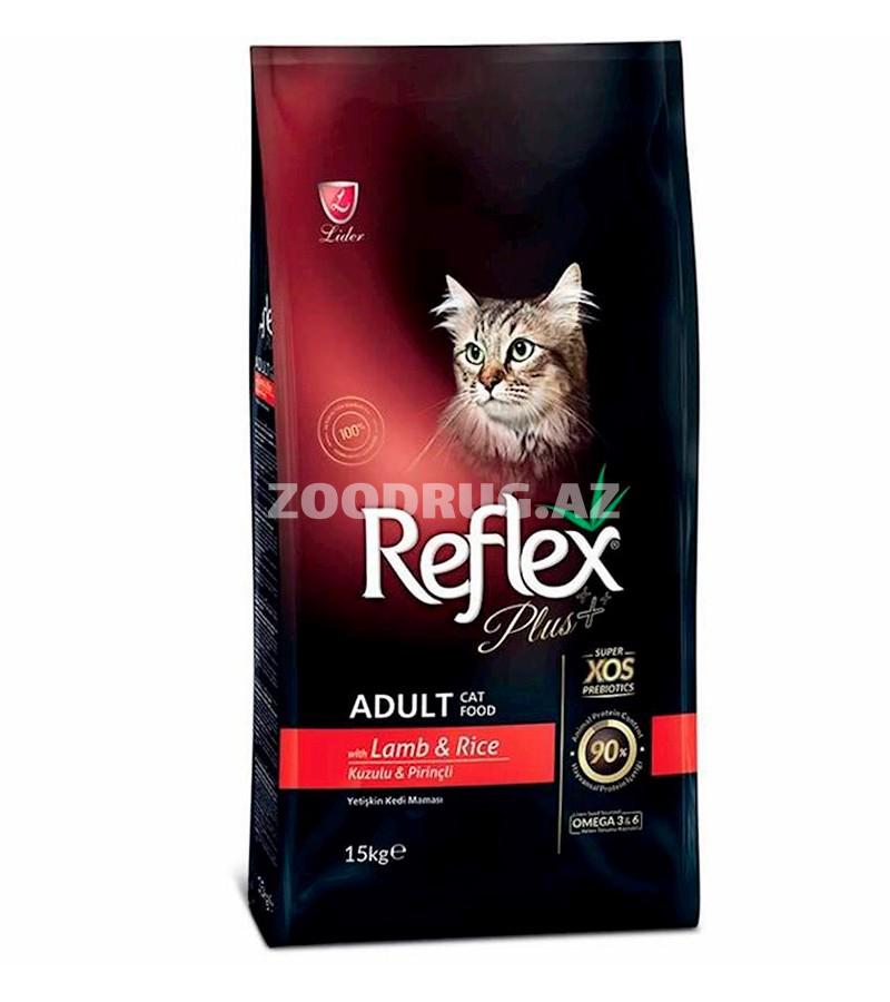 Quru yem Reflex Plus Adult yetkin pişiklər üçün quzu və düyü ilə.