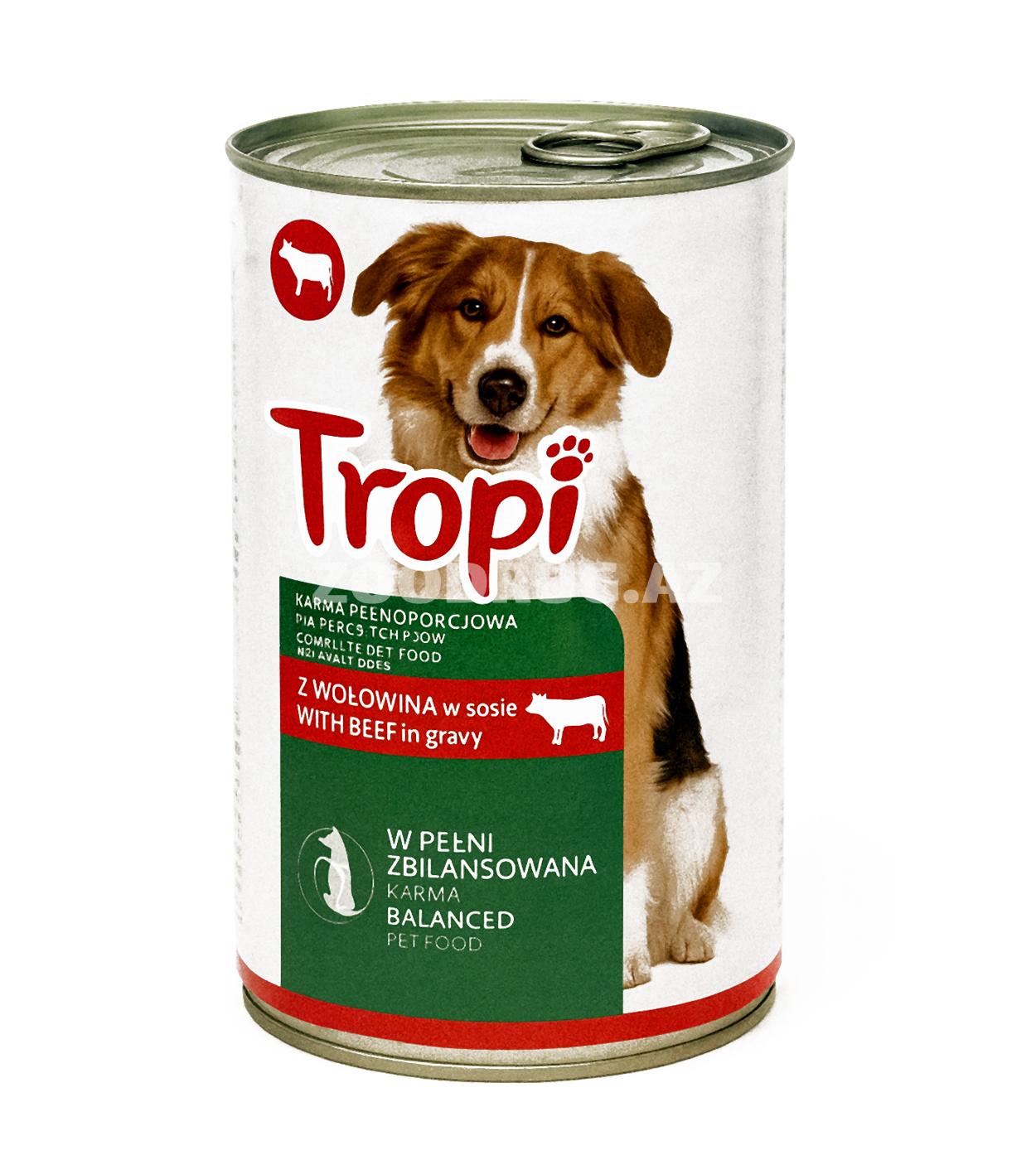 Nəmli Konservləşdirilmiş yem Tropi böyüklər üçün itlər üçün sousda dana əti ilə 1250 q