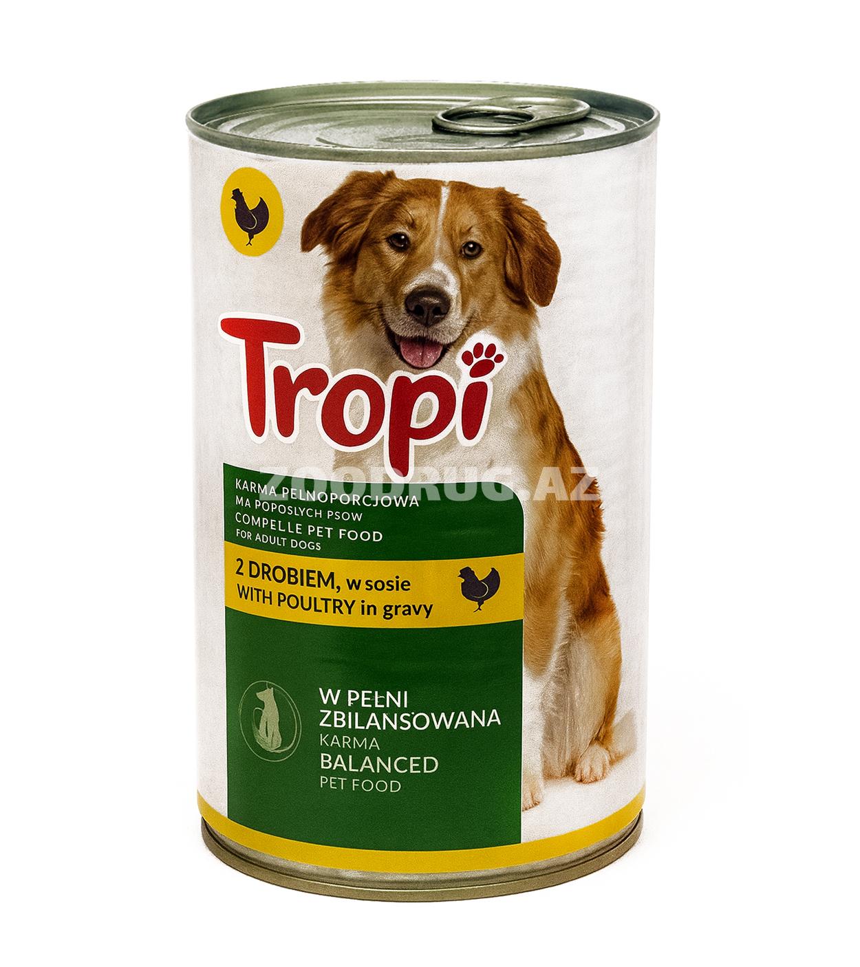 Nəmli Konservləşdirilmiş yem Tropi böyüklər üçün itlər üçün ev quşlarının dadı ilə 1250 q.