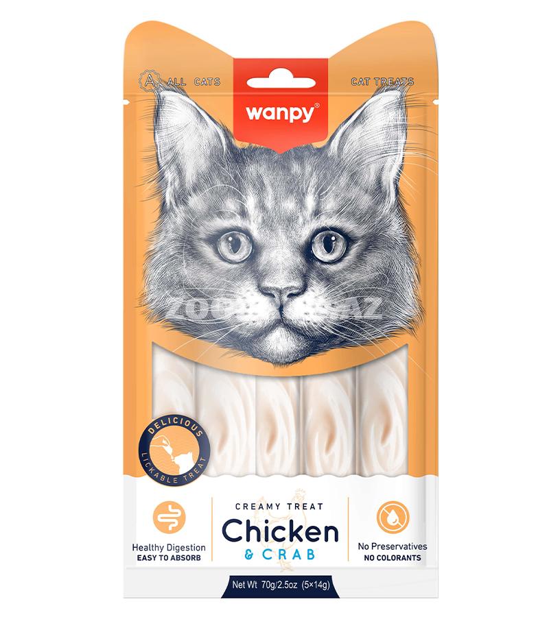 Ləzzət Wanpy Creamy Treat Chicken & Crab - toyuq və krab ilə pişiklər üçün zərif kremli qəlyanaltı, ev heyvanının gündəlik rasionuna dadlı əlavə 70 qr.