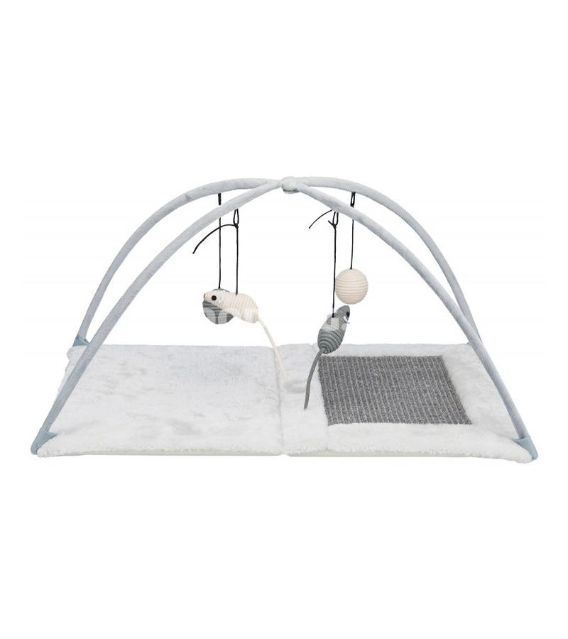 Trixie yumşaq əsaslı, asma oyuncaqlı və daxili dırnaq qaşıyıcılı rahat oyun xalçası–meydançası pişiklər üçün.